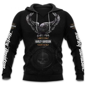 Black Harley Davidson Eagle Willie G Skull 3D Hoodie All Over Printed
