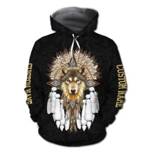 Personalized Name Native American Indian Art Wolf Listen To The Wind 3D Hoodie All Over Printed