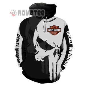Harley Davidson Motorcycles Punisher Skull Print On The Left Black White 3D Hoodie All Over Print